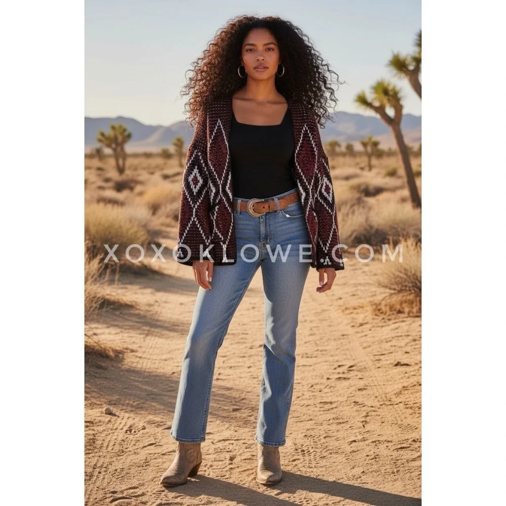 POL Burgundy Diamond Pattern Cardigan | Southwestern Chunky Knit Relaxed Fit - Picture 6 of 9